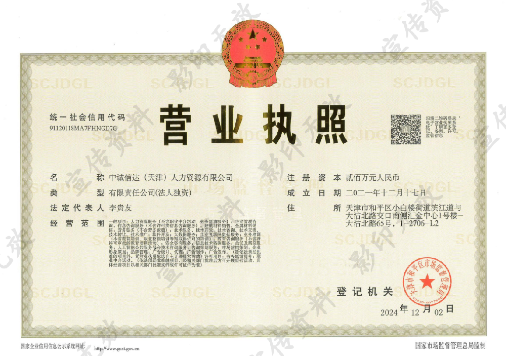 中誠信達(dá)(天津)人力資源有限公司證書